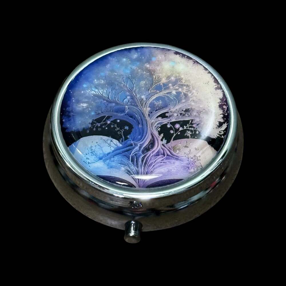 Cute Tree of Life Book Portable Round Metal Pill Organizer Case